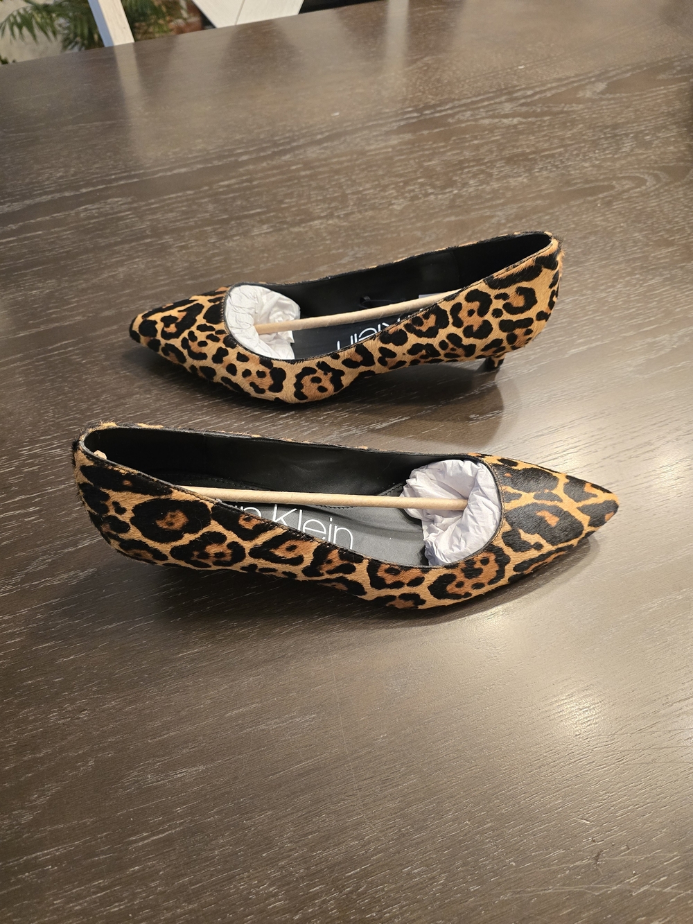 Calvin Klein Leopard Print Pointed Kitten Heels - Tan/Black